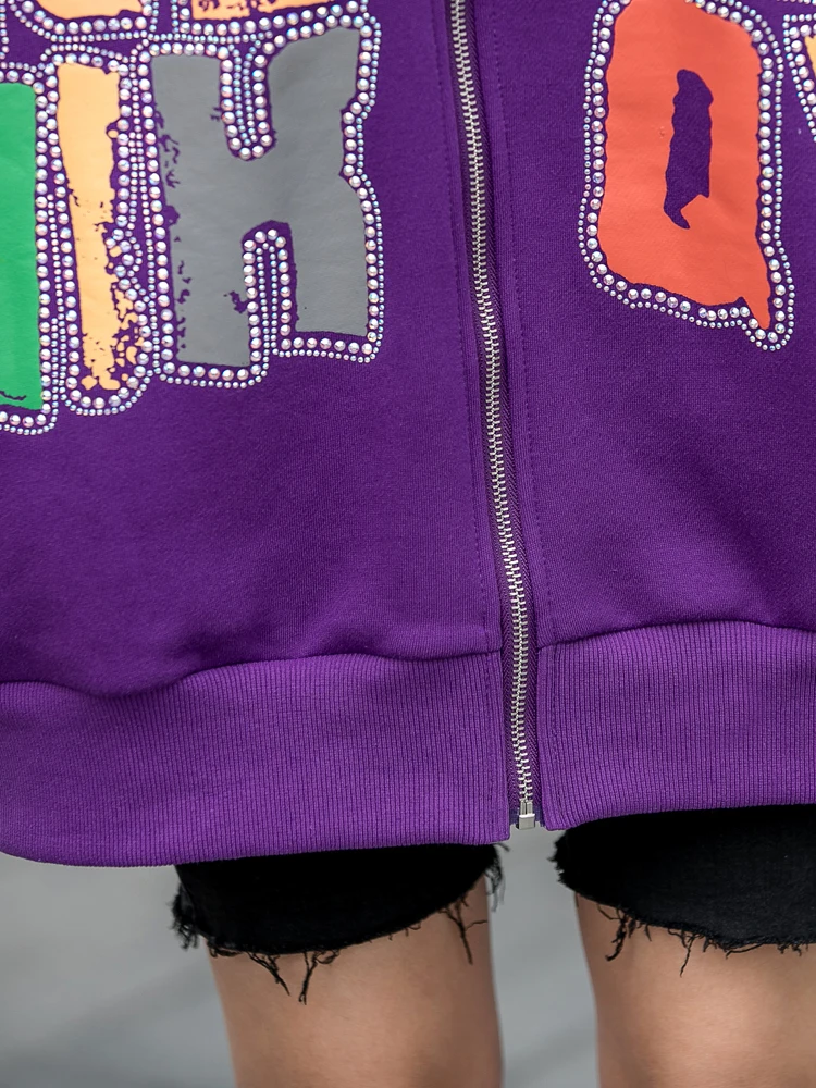 

Vefadisa Diamond Letter Print Sweatshirt Women 2020 Autumn Winter Splicing Long Sleeve Coat Plus Size Hooded Zip-up Coat QYF4365