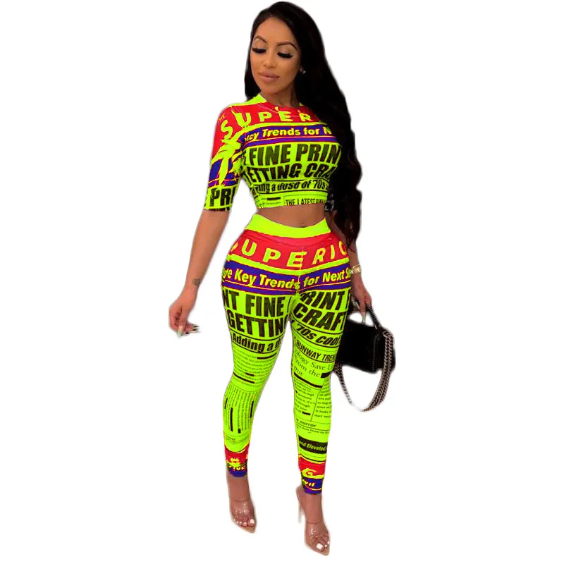 Unique style women set o neck newspaper print 2 pieces outfits for suit lady summer tracksuit SA8111 |