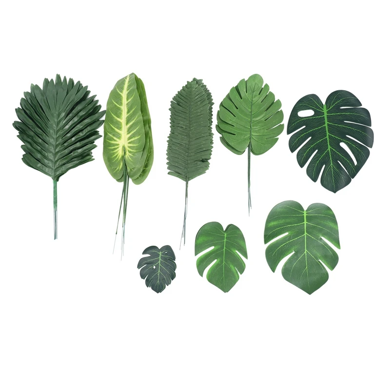 68 Pieces 8 Kinds Tropical Party Decorations Jungle Monstera Leaves Artificial Palm with Faux Stem |