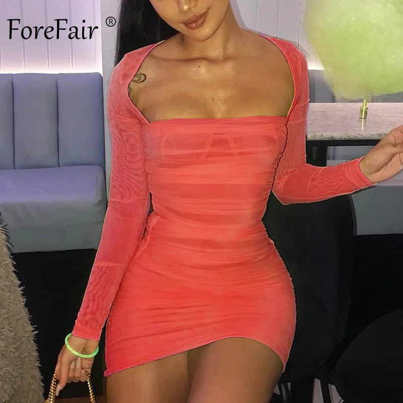 Женское Сетчатое платье с рюшами Forefair красное неоновое зеленое желтое мини
