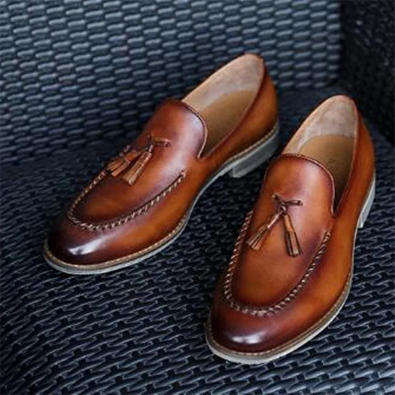 KRUSDAN коричневые повседневные мужские шлепанцы из натуральной кожи с бахромой