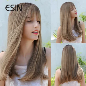 ESIN Synthetic Wig Long Straight Ombre Blonde Long with Bangs High Density Natural Headline Heat Resistant Hair Wigs