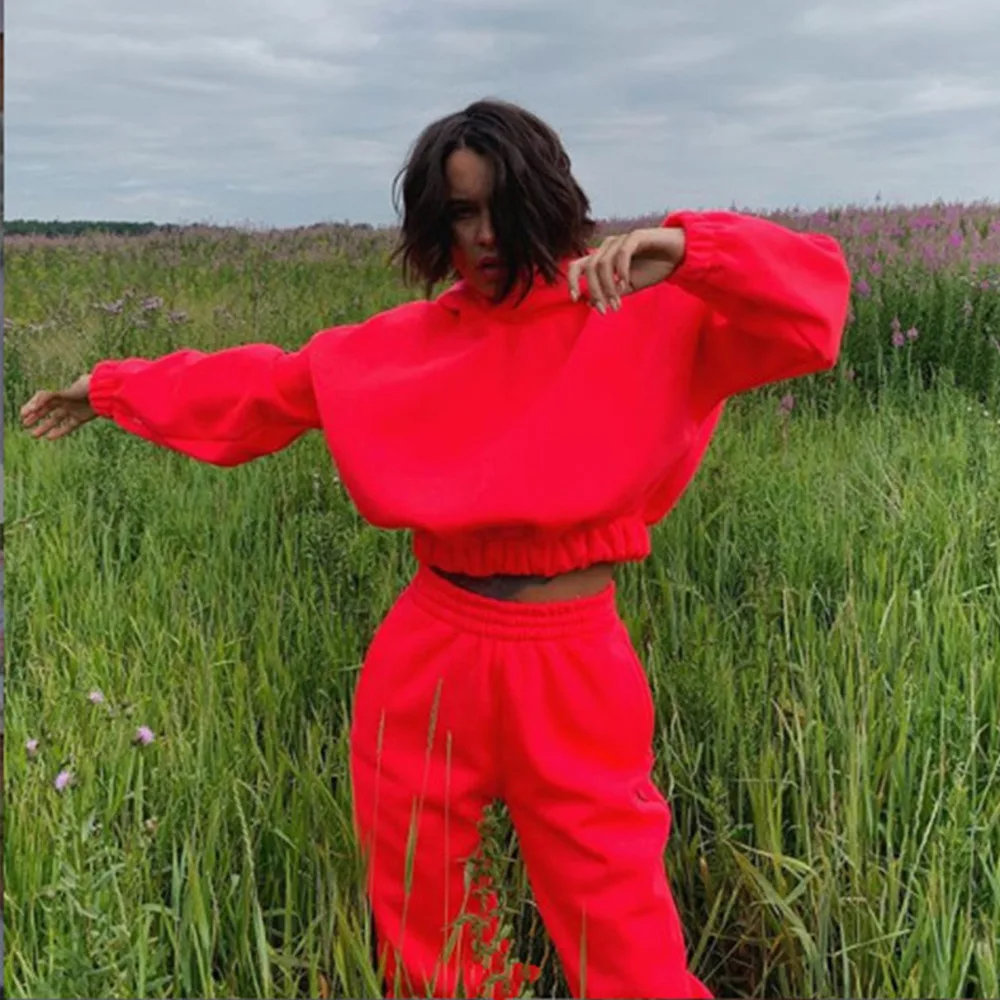 

Women Tracksuit 2 Piece Set Spring Autumn Tracksuit Solid Casual Pullover Crop Top And Pants Suits Fashion Outfits Chandal Mujer