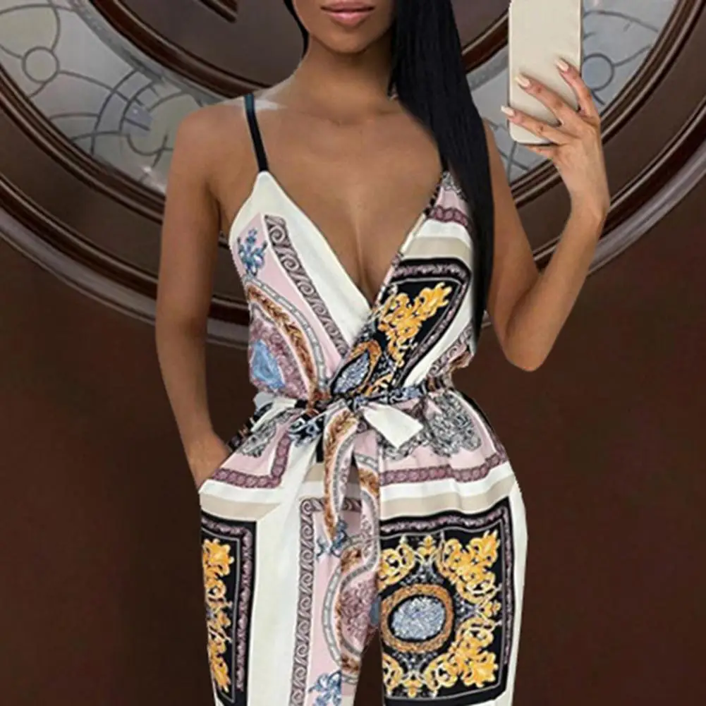 

Cropped Jumpsuit Ethnic Print Spaghetti Strap Women V Neck Waist Tied Ankle Tied Jumpsuit for Vacation