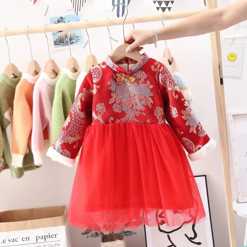 Красное зимнее бархатное платье с вышивкой в стиле Чонсам для маленьких принцесс