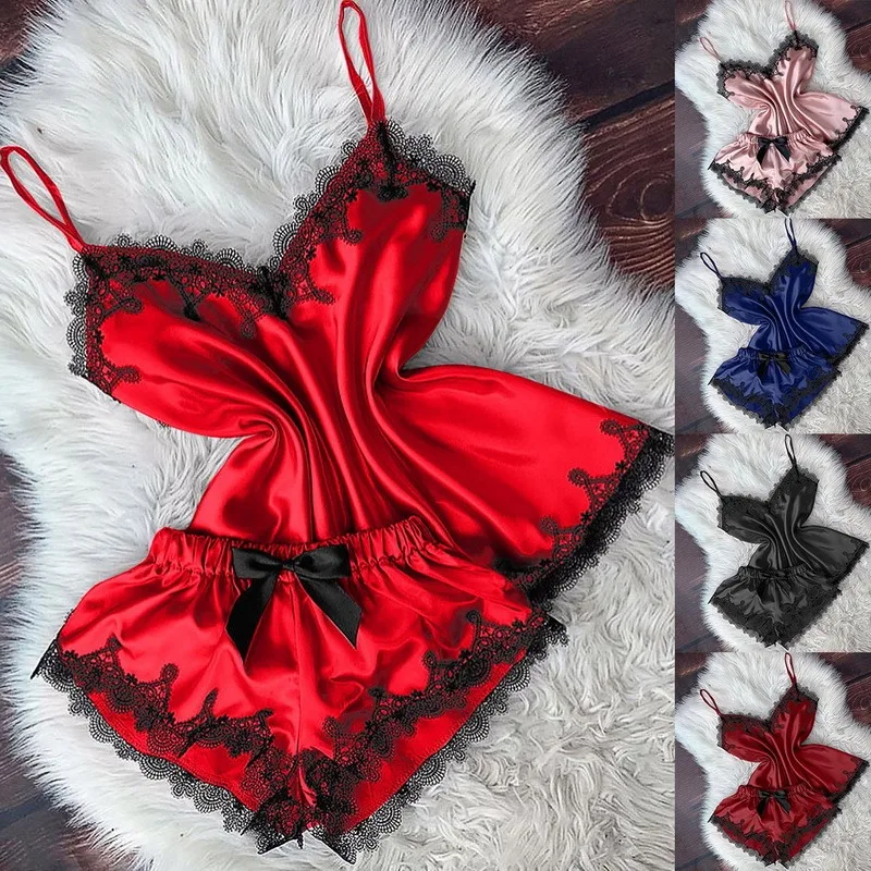 

Women's Pajamas Set Home Suit Top and Shorts Sexy V-Neck Sleeveless Satin Lace Sleepwear Comfortable Two-piece Homewear
