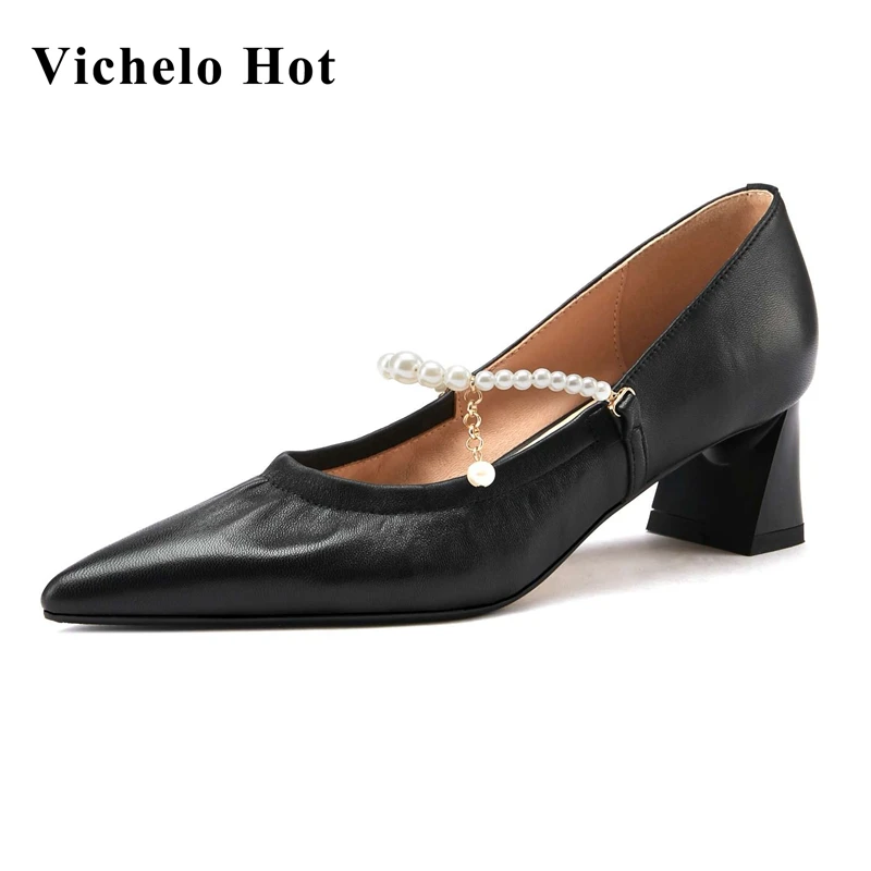 

Vichelo Hot princess style full grain leather pointed toe med heel pearl decoration pretty girls dating sweet women pumps L56