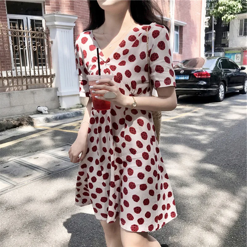 

2021 Pink Summer Strawberry Dress Kawaii Woman Korean High Waist Dresses Loose Slim Body Push Up Hip Costume Casual Streetwear