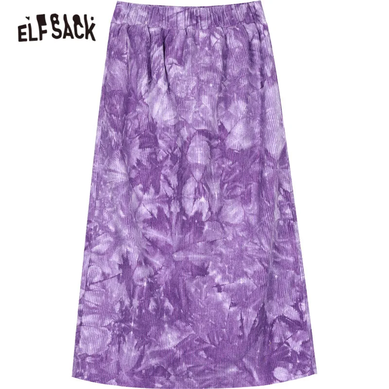 

ELFSACK Solid Pure Tie Dye Corduroy Casual Women Midi Skirts,2020 Winter ELF Vintage High Wasit,Korean Ladies Basic Daily Bottom
