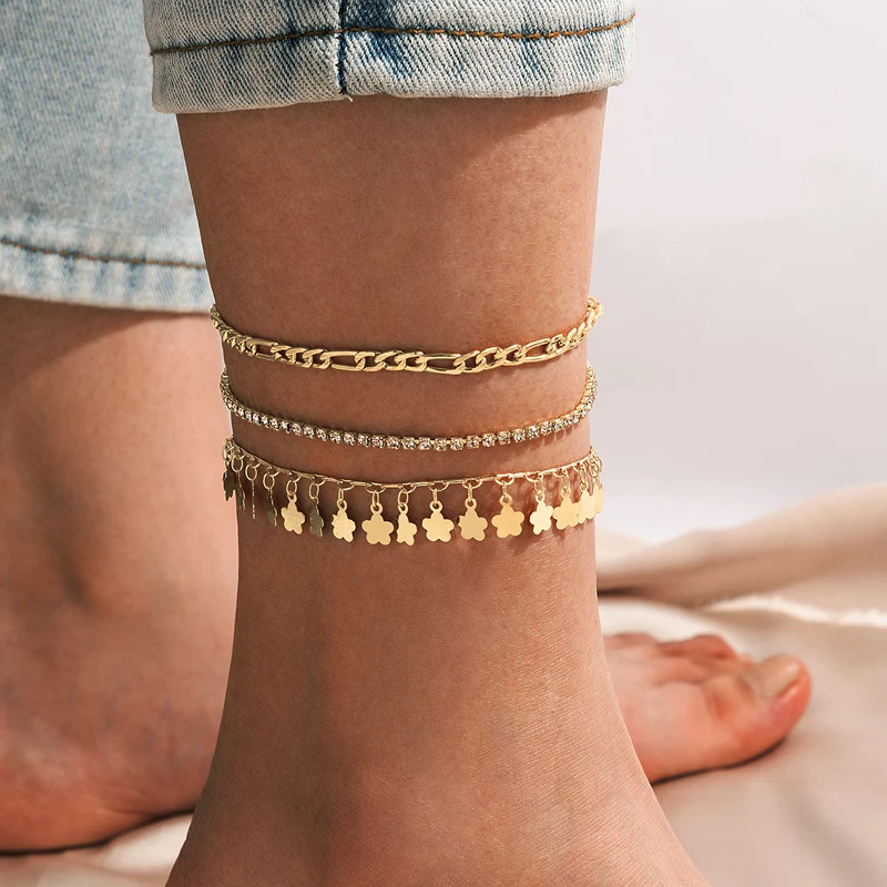 

HuangTang 3pcs/sets Heart Tassel Anklets for Women Gold Color Alloy Metal Foot Crystal Chain Summer Charming Jewelry Gift 18044