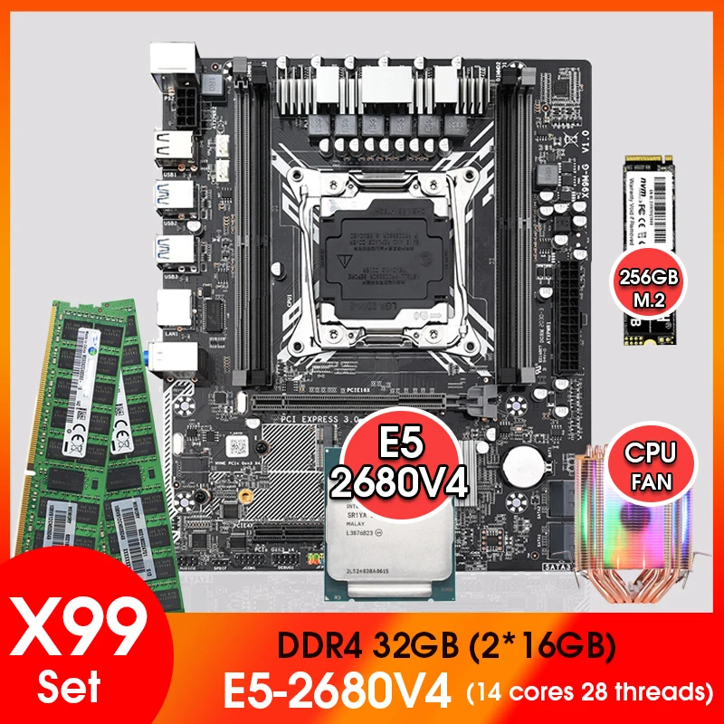 

X99 M-G motherboard combo with Xeon E5 2680 V4 LGA2011-3 CPU 2pcs X16GB = 32GB 2133MHz DDR4 memory NVME 256GB M.2 and cooler set