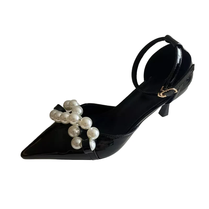 

NIUFUNI Pearl Bright Leather Women's Sandals Metal Belt Buckle Sandals Solid Color Party Banquet Women Shoes Elegant Pointed Toe