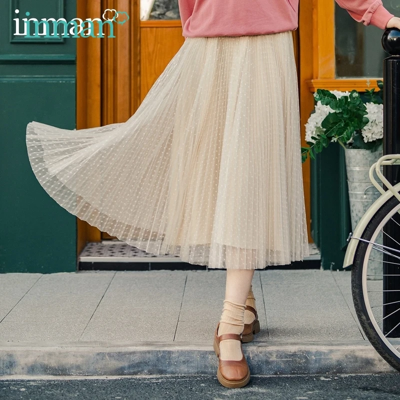 

INMAN Women's Gauze Skirt Spring Autumn Elegant Sweet Elastic Waist Pure Color A-line Female Bottoms