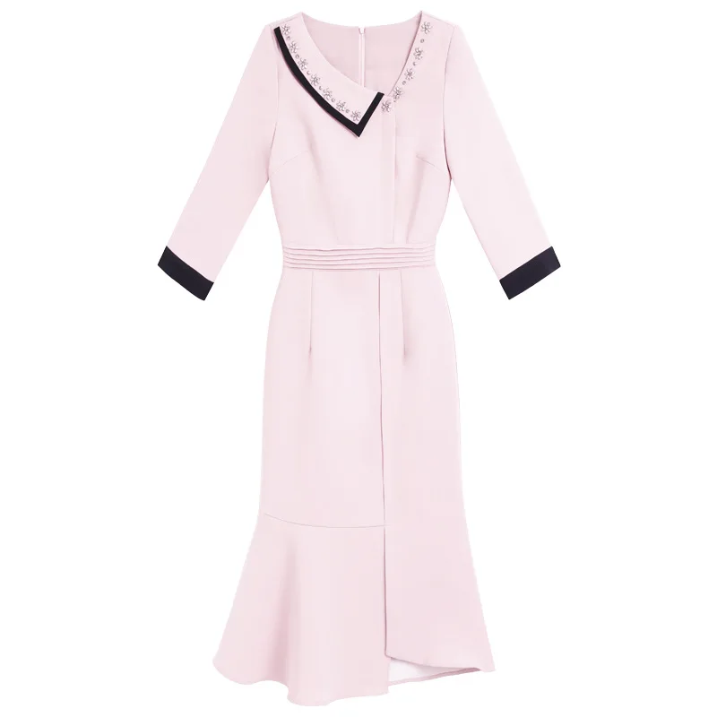 

Pink Dress 2021 New Spring Clothing French Retro Waist-Controlled Slimming Feminine Temperament Fishtail Skirt Dresses for Women