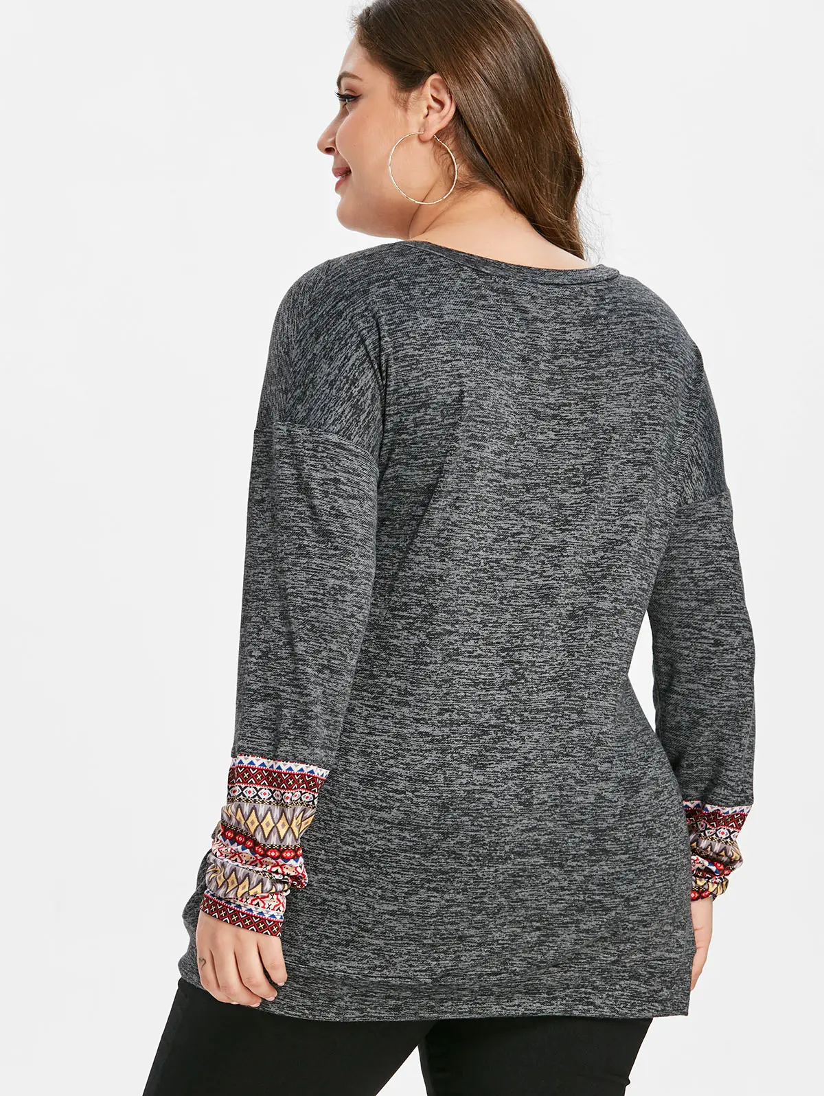 Большие размеры с принтом манжеты серая футболка длинными рукавами круглый