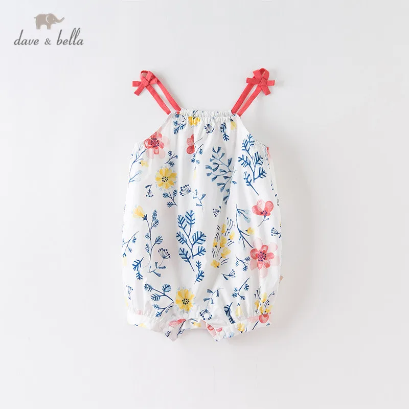 DBA12556 dave bella summer new born baby girls fashion bow floral print jumpsuits infant toddler clothes children romper 1 piece | Детская