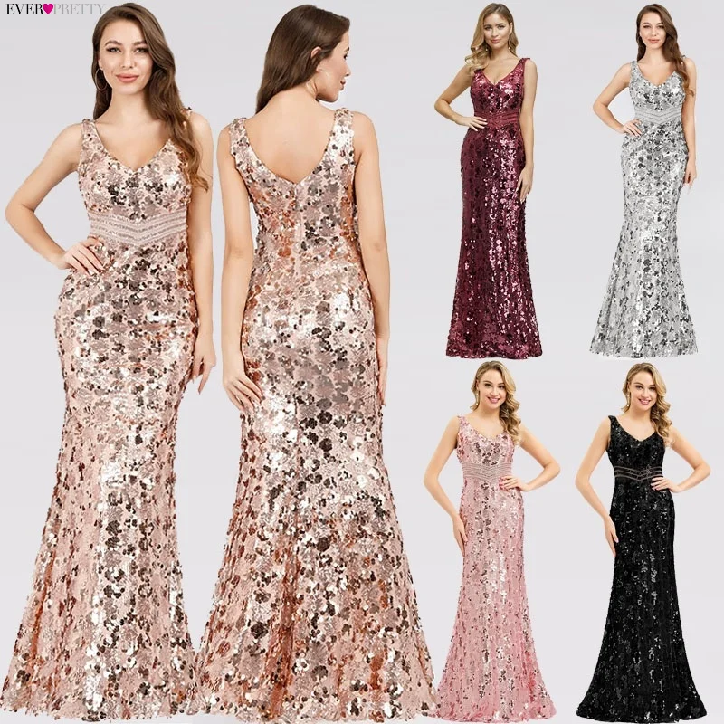 

Sparkle Gorgeous Gold Evening Dresses Long Ever Pretty EP07872 Mermaid Sexy Sequined Elegant Evening Gowns 2020 Robe De Soiree
