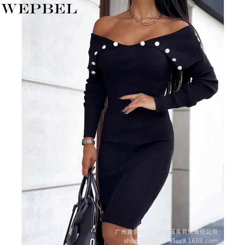 

WEPBEL Casual Solid Color Dress Women's Single-Breasted High Waist Dress Autumn Sexy Slim Long Sleeve Slash Neck Dress