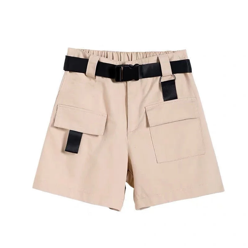 

Shorts Womens Summer 2021 Black Cargo Loose Bf High Waist Korean Style Pockets Sashes Streetwear Harajuku Shorts