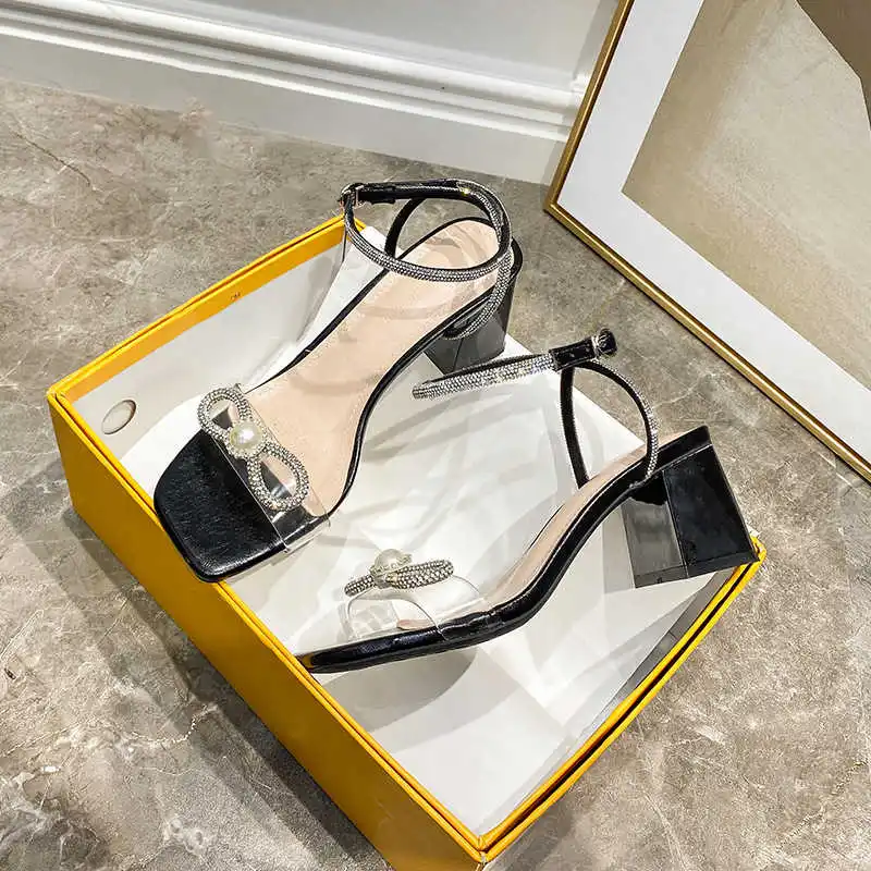 

32-43 high heel sandals women's 2021 new summer thick heel square diamond transparent women's fashion shoes