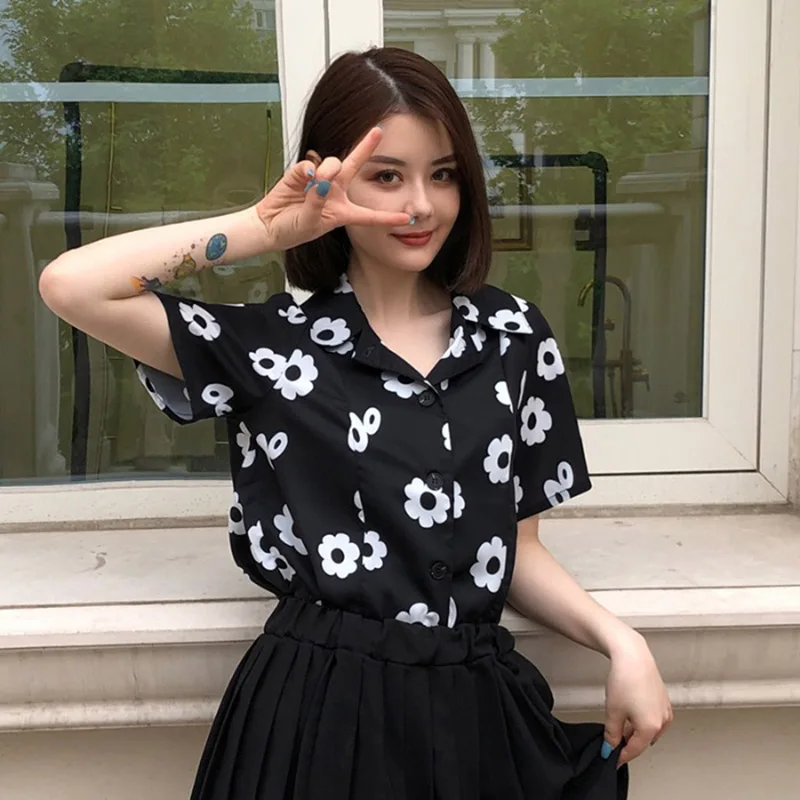 Summer Korean Version Floral Print Shirt Ladies Suit Lapel Retro Tops Single-Breasted Slim Temperament Girl Shirt