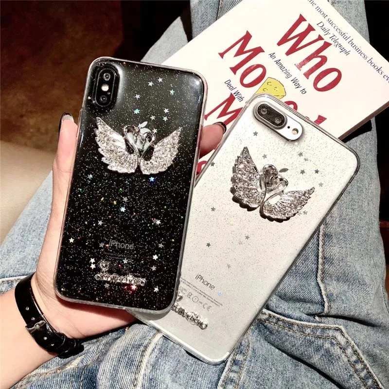 Мягкий чехол для телефона с блестящими стразами и лебедем iPhone 6 7 8 Plus X XR XS max 11 Pro Max