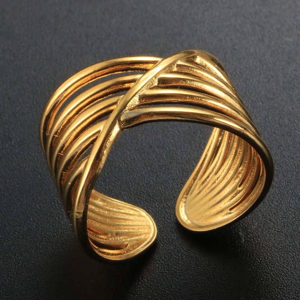 

Trend Adjustable Rings Multi-layered Crossing Lines Opening For Women Men Couples Hollow Out Stainless Steel Punk Jewelry Gift