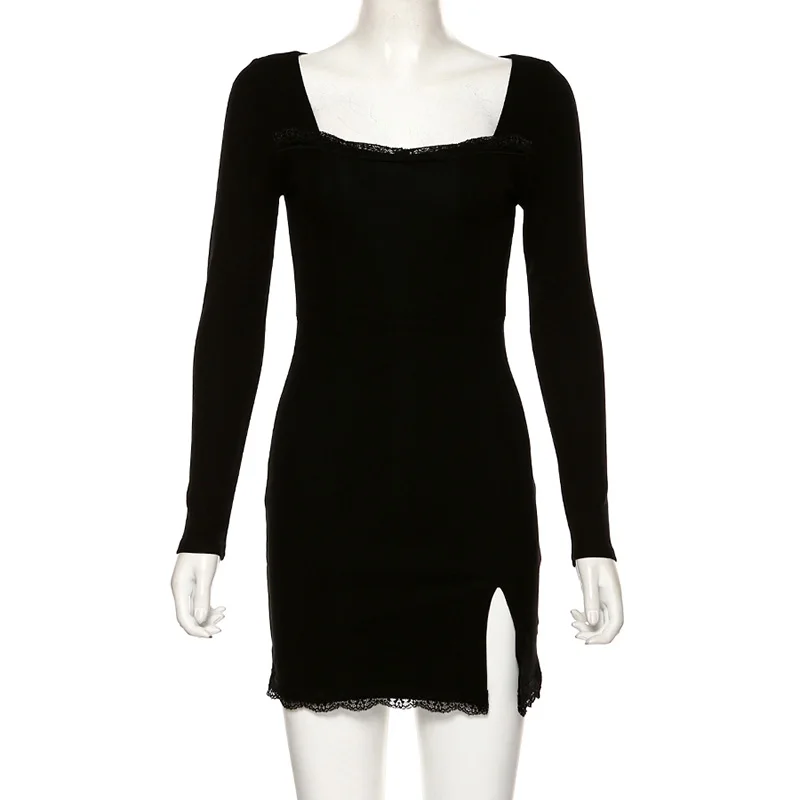 Готическое Черное женское тонкое кружевное вечернее платье с квадратным вырезом