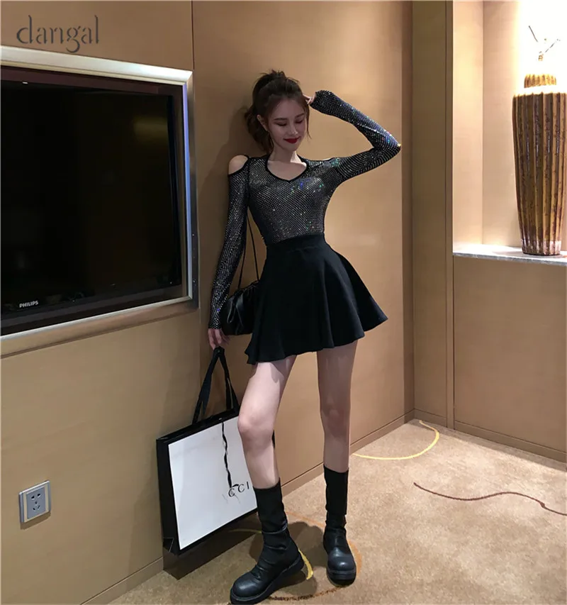 Облегающая Женская Осенняя Футболка с блестками и длинным рукавом открытыми