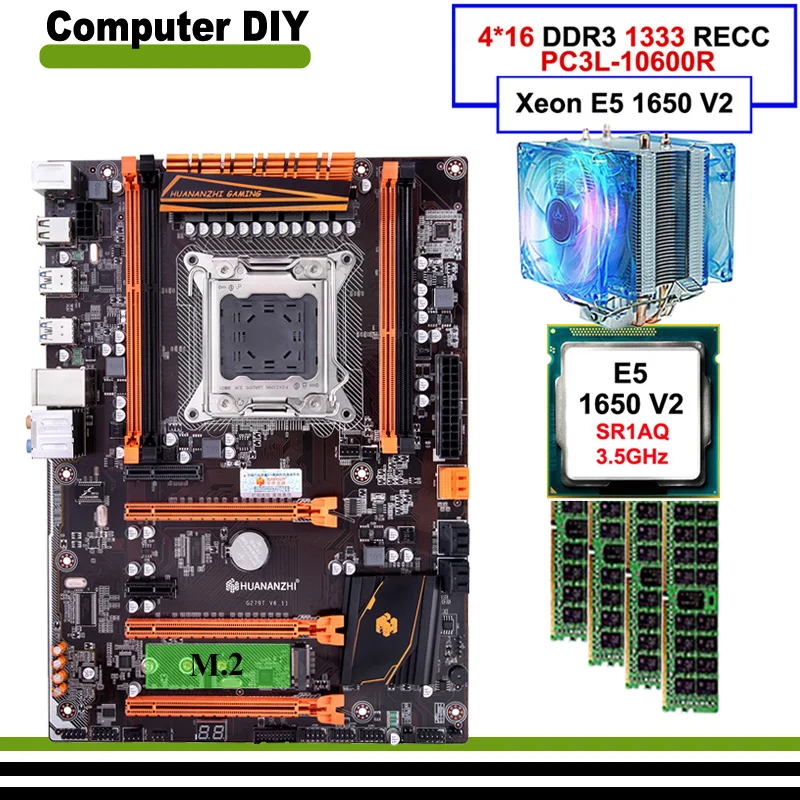 Игровая материнская плата HUANANZHI deluxe X79 процессор Xeon E5 1650 V2 с кулером ЦП ОЗУ 64 ГБ (4*16