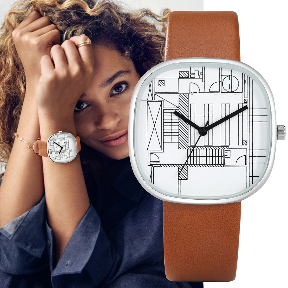 Кварцевые часы с коричневым ремешком женские из ПУ кожи квадратный циферблат
