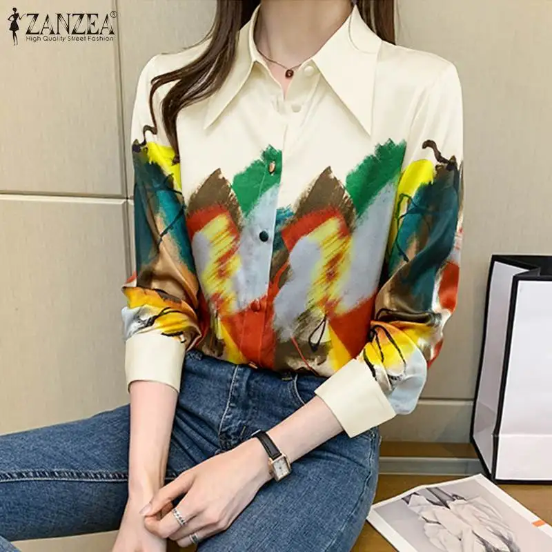 

ZANZEA Autumn Long Sleeve Color Printed Shirt Elegant Women Lapel Neck Chic Tops Casual Buttons Down Blusas Chemise OL Blouse