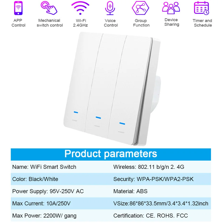 

Tuya WiFi Smart Switch 86 EU Light Switch Work with Alexa Google Home 3 gang 2200W Wall Switch Voice Control Smart Life APP