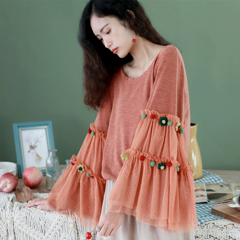 Свитер женский в этническом стиле с расклешенными рукавами и цветами Харадзюку |