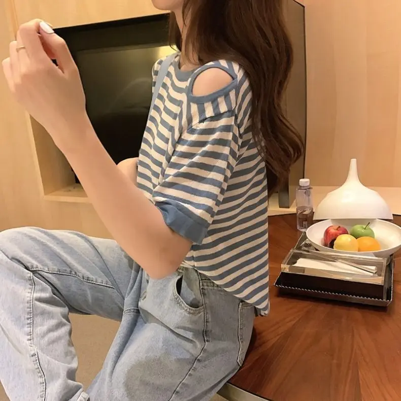 

Solid Women T-Shirt Short Sleeve Korean Style Basic Stripe Tshirt Top Womens Clothing Spring Summer T Shirt Femme Sweater Mujer