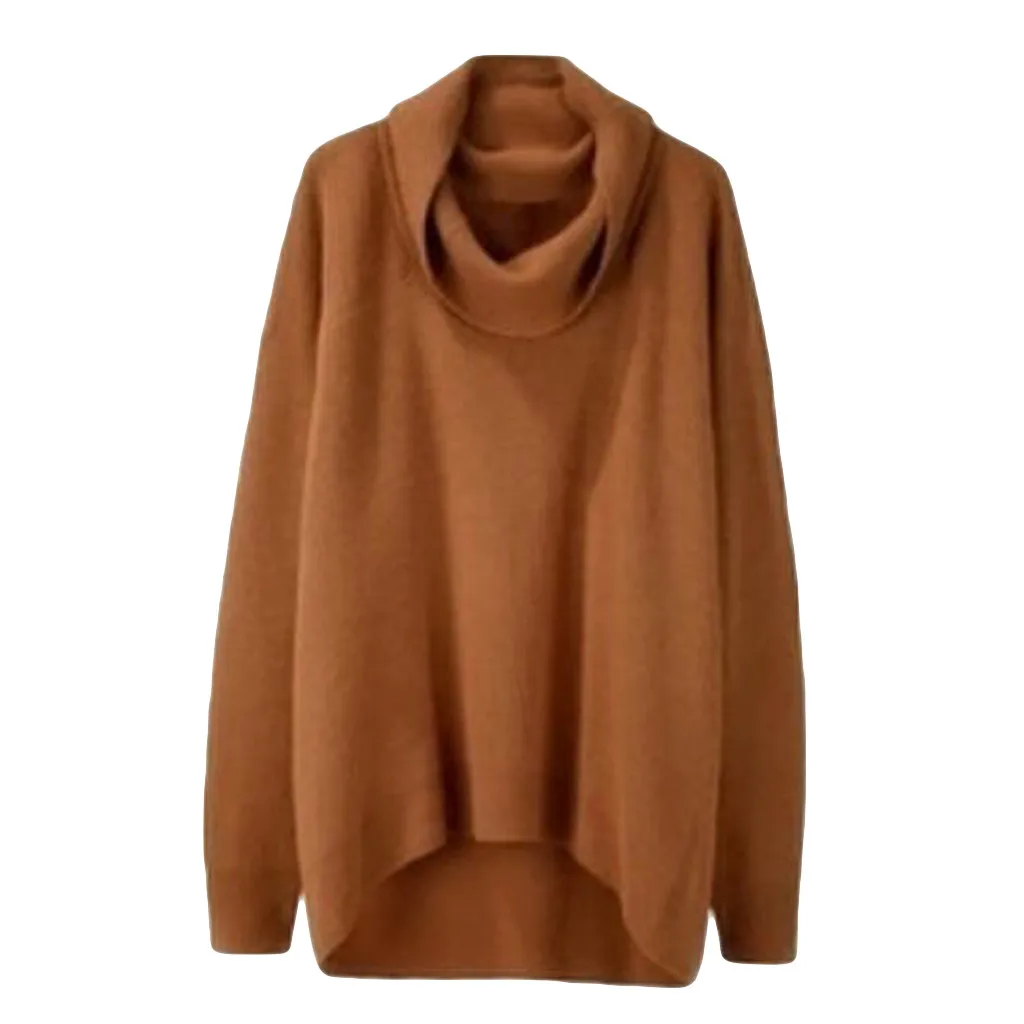 Модный женский свитер однотонный высокий воротник асимметричный подол длинный