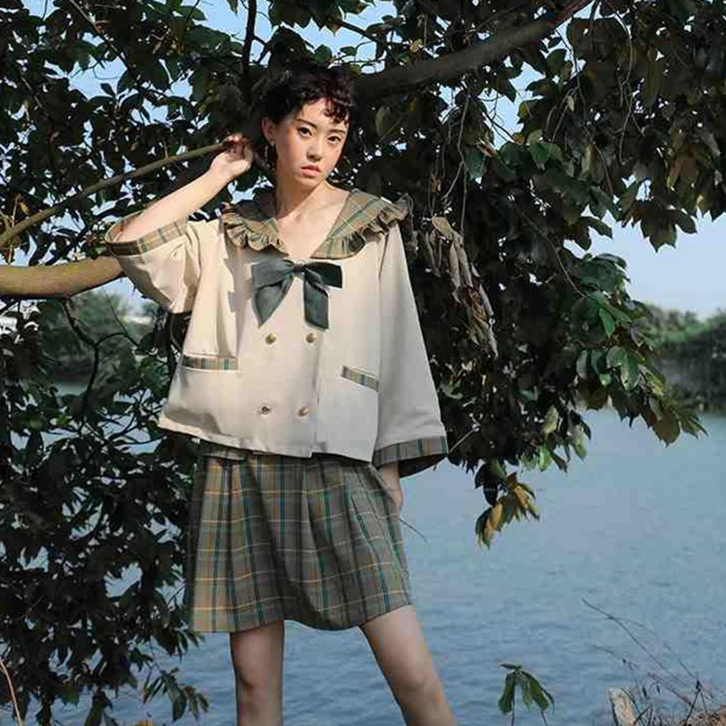 

Girl Japanese 2 Piece Set Women New Summer Fashion Suit Loose Shirt Plaid Pleated Mini Skirt Femme Roupas Lolita Suits 2021