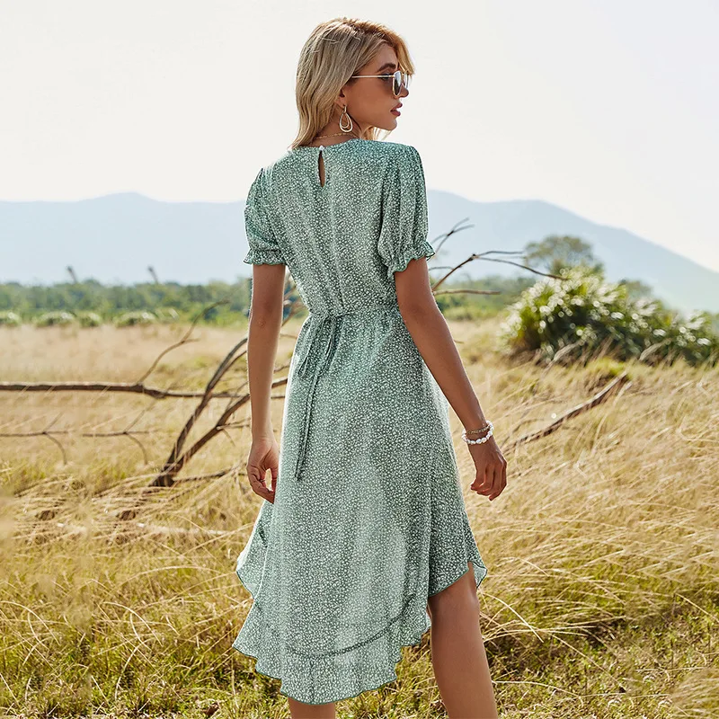 

Fashion Short Sleeve Casual Woman Dress 2021 Summer Ruffles Floral Boho Beach Dresses For Women Femme Robe