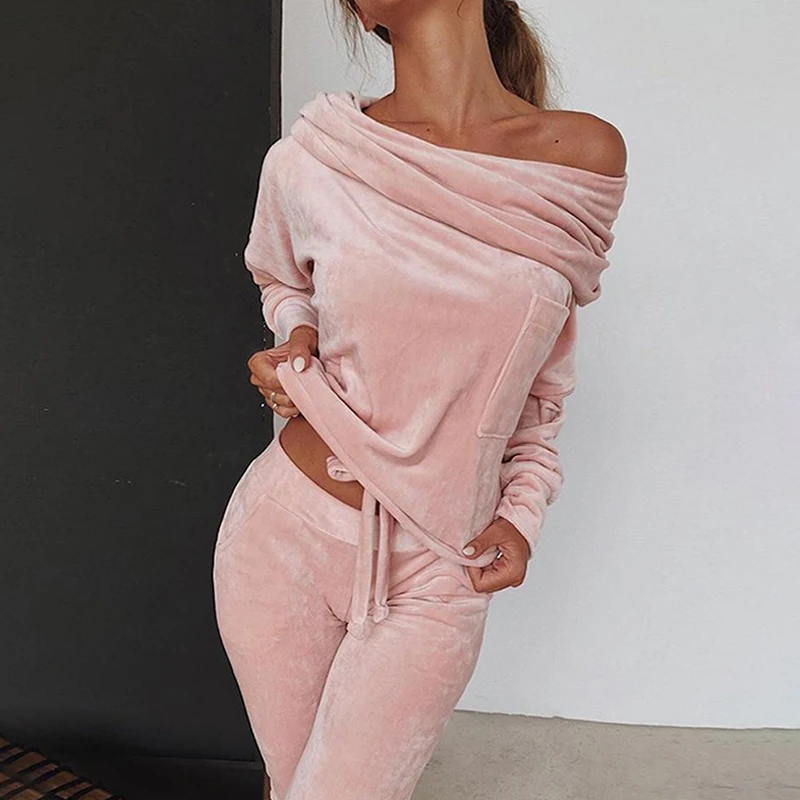 

2021 Casual Loose Sweatsuit 2 Piece Sets Women Outfit Pants Top Slash Neck Tshirts Full Length Pants Tracksuit Shirt Set S-5XL