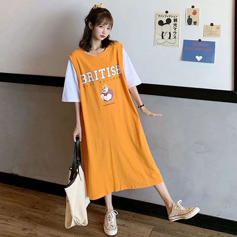 

2020 Summer Women Fake Two Piece Dress Short Sleeve T-shirt Dress Women's Summer Long Loose Letters Print BF Lazy Top Fashion