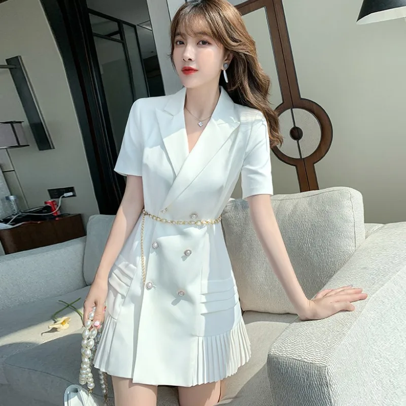 

Casual White For Women Notched Short Sleeve Blazer Dress High Waist Double Breasted Pleated Mini Dress Female Korean 2021