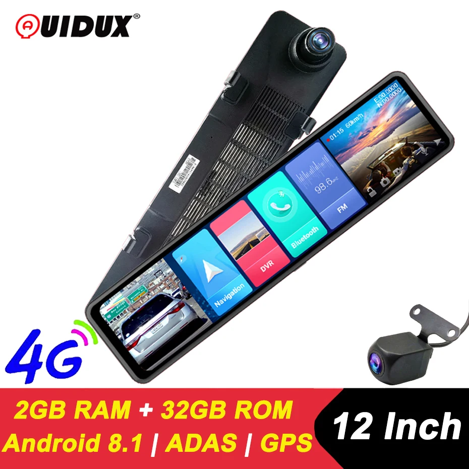 Зеркало-видеорегистратор QUIDUX 12 дюймов 4G Android FHD 1080P GPS Wi-Fi | Автомобили и мотоциклы