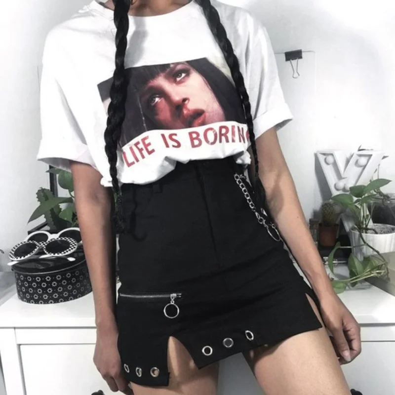 

Harajuku Punk Black Skirts Womens with Chains Split High Waist Mini Skirt Summer Casual Short Skirt Ladies Streetwear