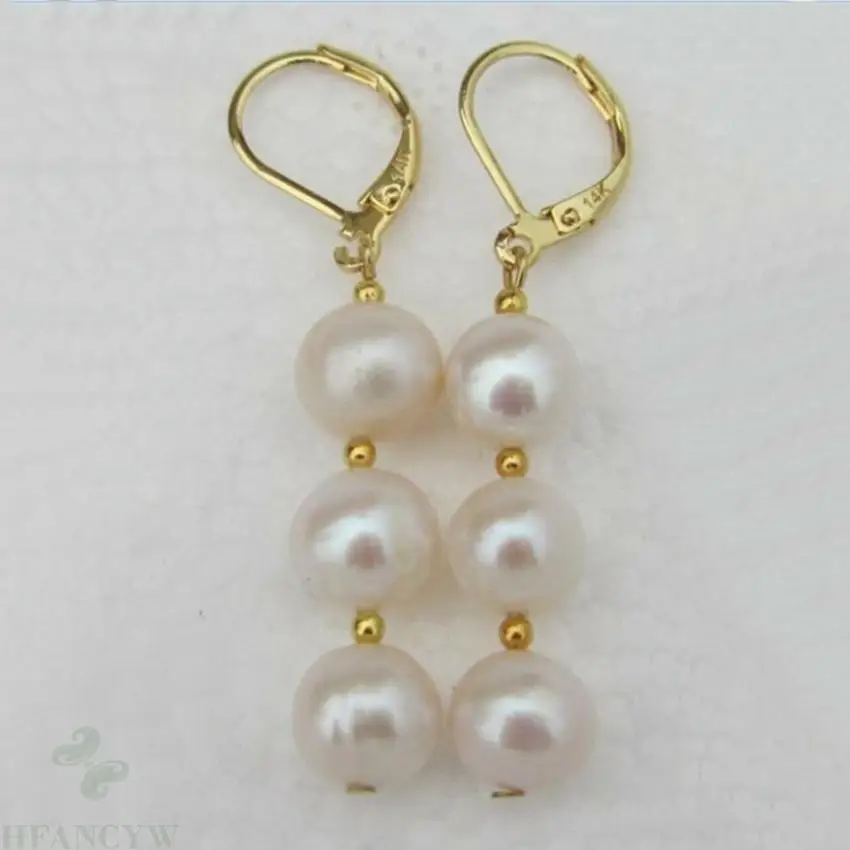 

9-10mm South Sea White Pearl Earrings 14k Gold Plated Ear Hook Hand-made Beads TwoPin design Earbob Mesmerizing Clasp