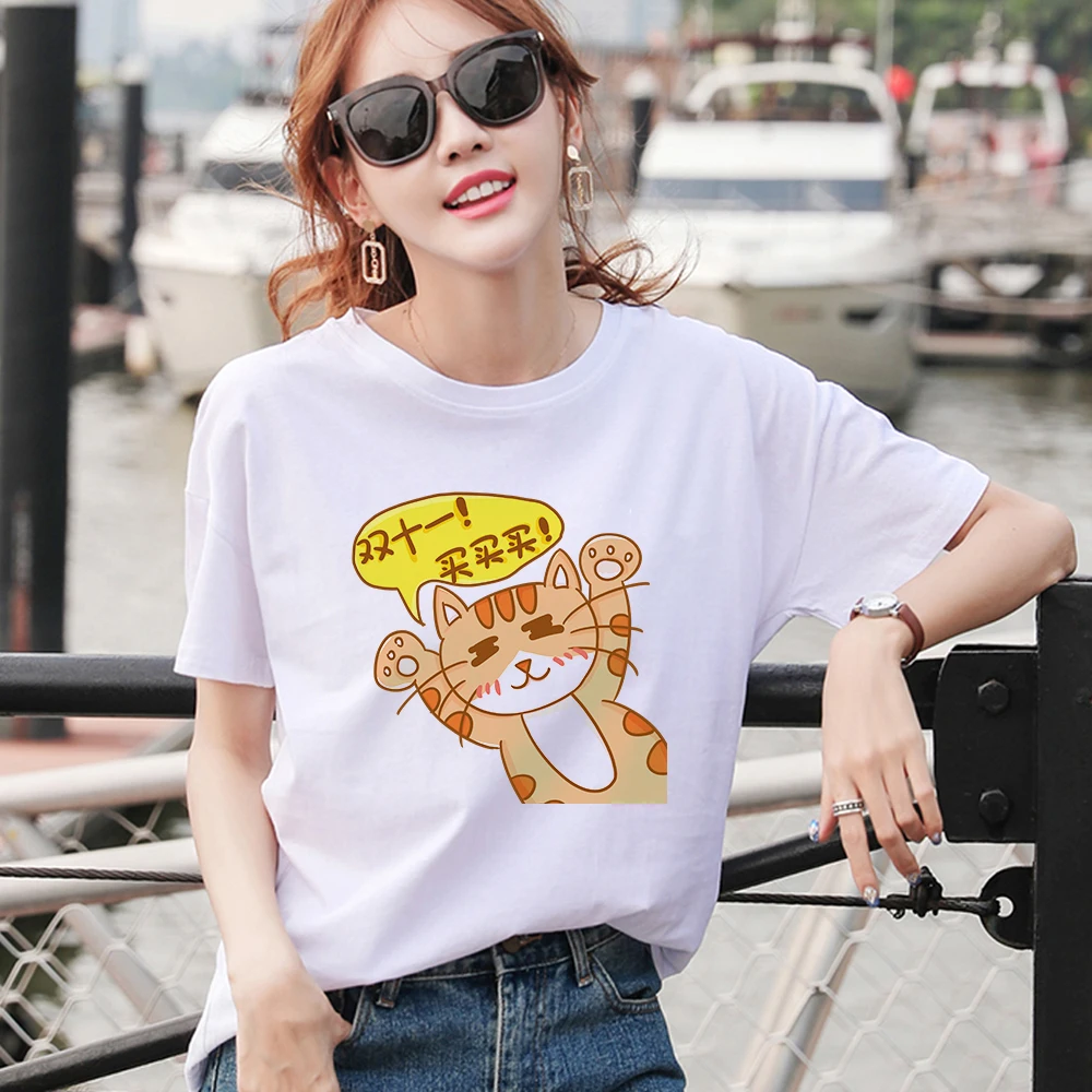 

Lovely Cat Graphic Tees Funny Women T-shirts Women 2020 Summer Retro T-shirt Femme Kawaii White Cotton T-shirt Women Top Slogan