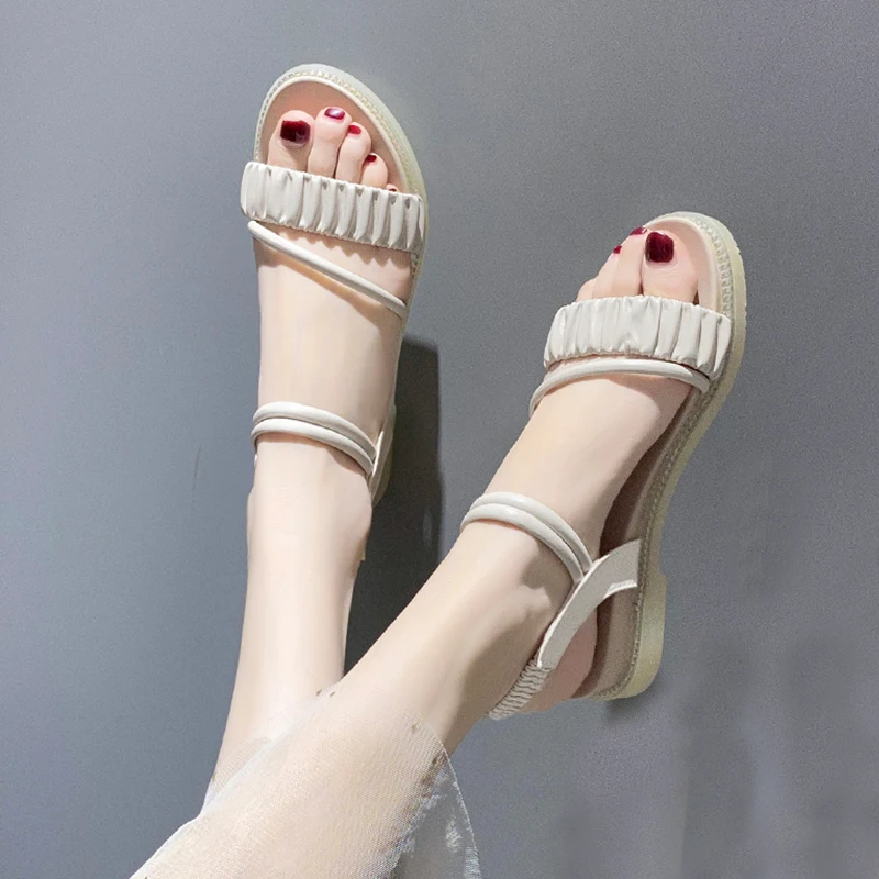 

Comfort Shoes for Women Clogs Wedge Flat Sandals 2021 Summer Strappy Heels Suit Female Beige All-Match Platform Without Elastic