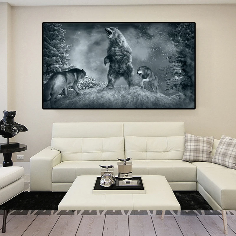 

Three Roaring Black and White Wolf Animals Picture Canvas Painting Oil Modern Poster Wall Art For Living Room Home Decor