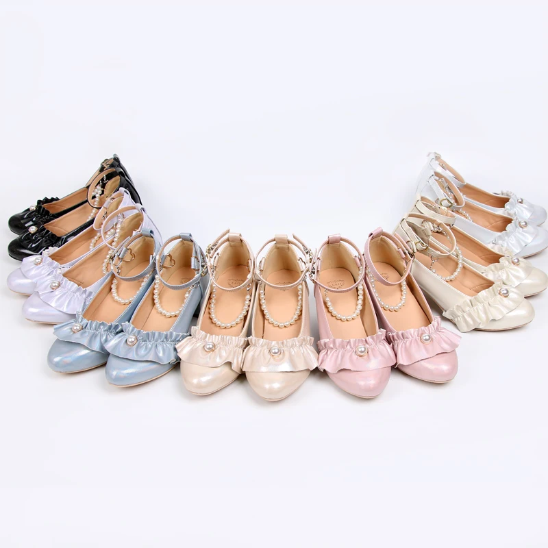 

Princess daily sweet lolita shoes vintage pleated lace elegance kawaii shoes one-word buckle thick heel women shoes loli cos