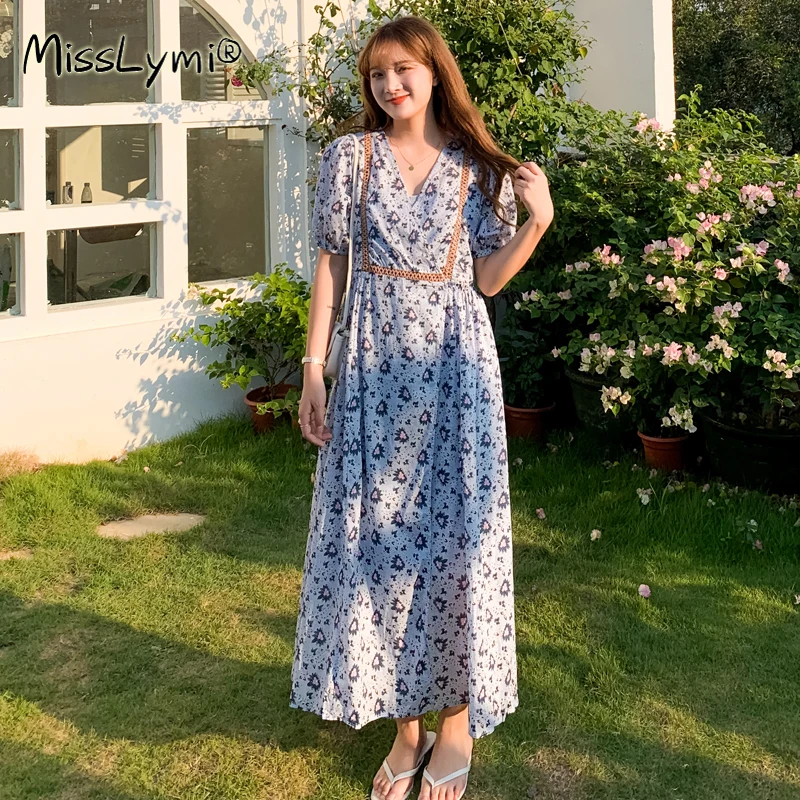 

4XL Plus Size Women Blue Floral Holiday Warp Dress Summer 2021 V-Neck Puff Sleeve High Waist Hollow Out Bohemia Long Dresses
