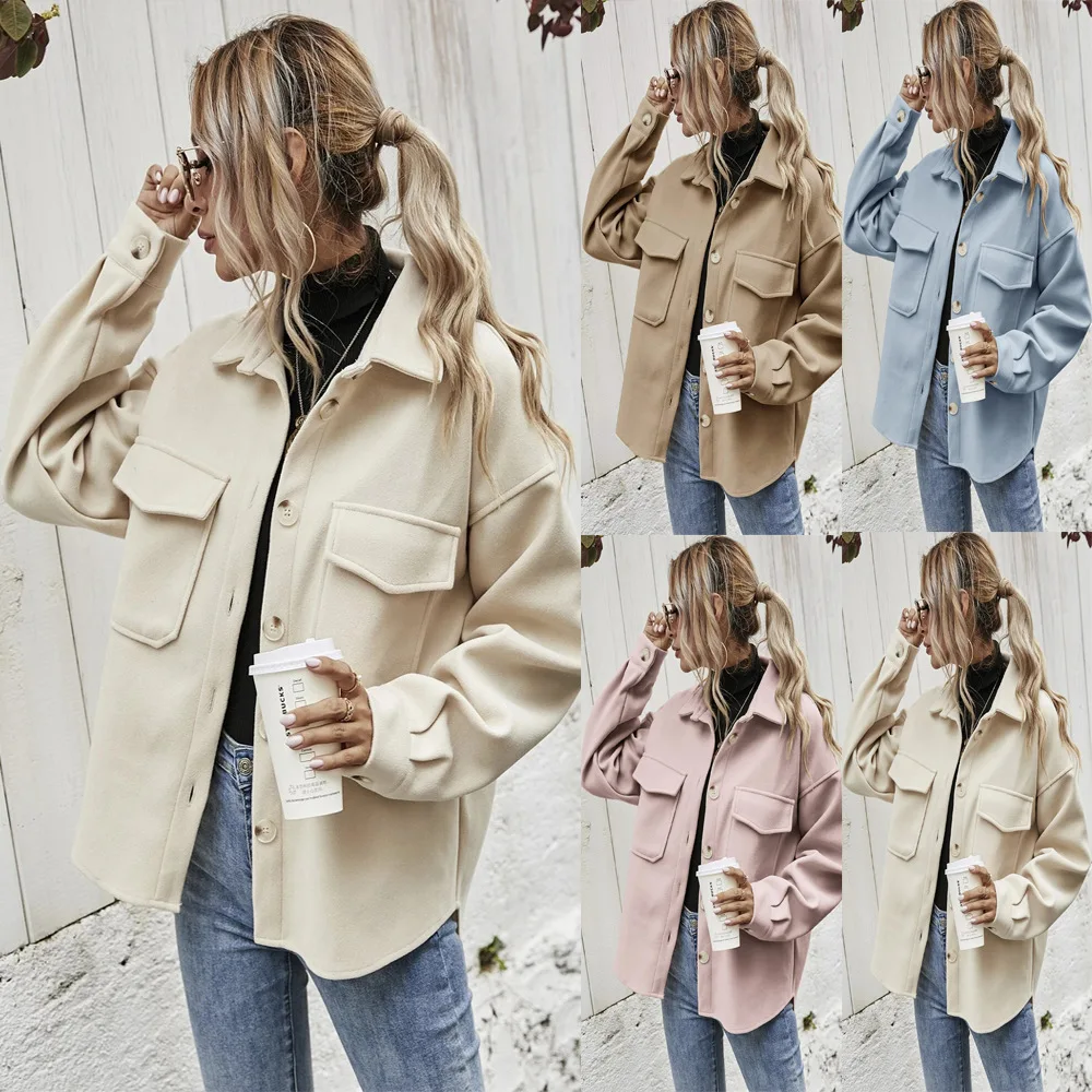 

Womens Long Sleeve Button Down Jacket Lapel Drop Shoulder Flap Pocket High Low Hem Shacket Pea Coat